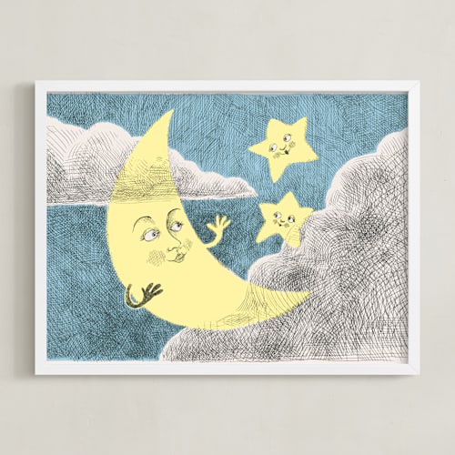 This is a night blue nursery wall art by Catilustre called claire de lune