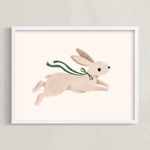 This is a hunter green nursery wall art by Vivian Yiwing called rabbit with bow