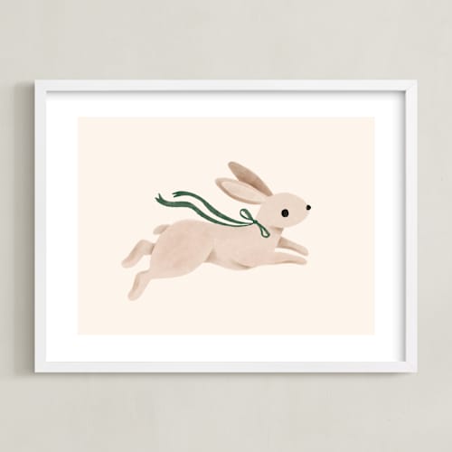 This is a hunter green nursery wall art by Vivian Yiwing called rabbit with bow