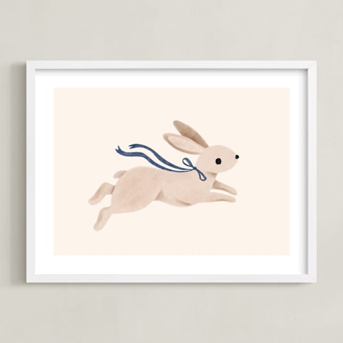 This is a royal blue nursery wall art by Vivian Yiwing called rabbit with bow