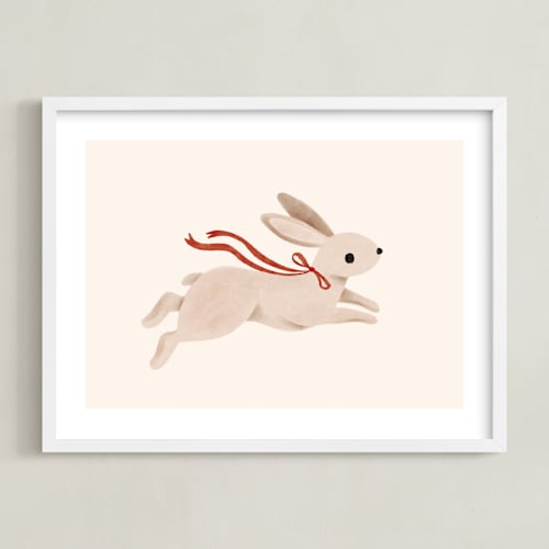 This is a maroon nursery wall art by Vivian Yiwing called rabbit with bow