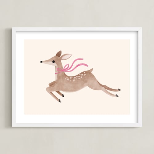 This is a pink nursery wall art by Vivian Yiwing called deer with bow