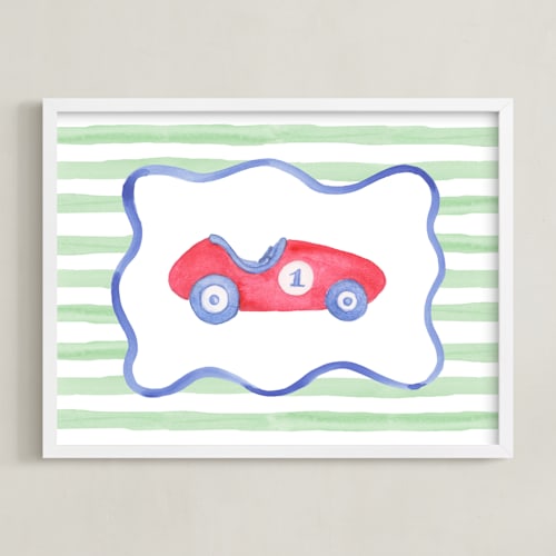 This is a race car red nursery wall art by Little Blue Designs called vintage play car