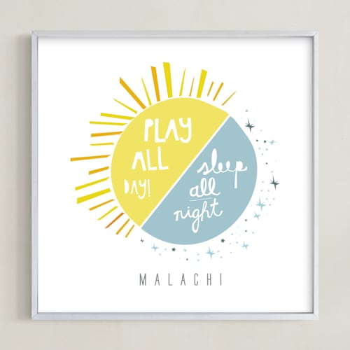 This is a light slate nursery wall art by Lisa Nelson called play all day, sleep all night