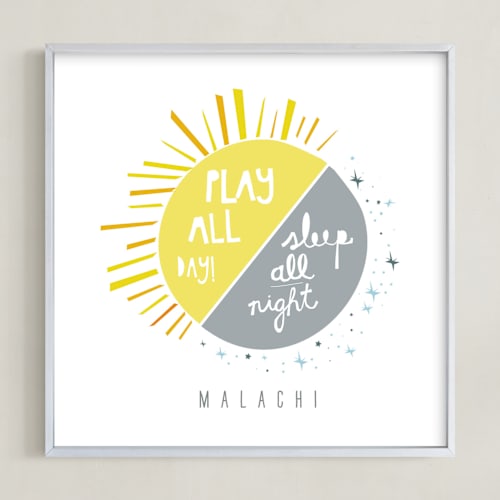 This is a cadet grey nursery wall art by Lisa Nelson called play all day, sleep all night