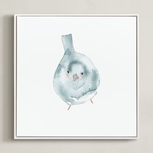 This is a light blue kids wall art by Renee Anne Bouffard-McManus called blushing bird 3