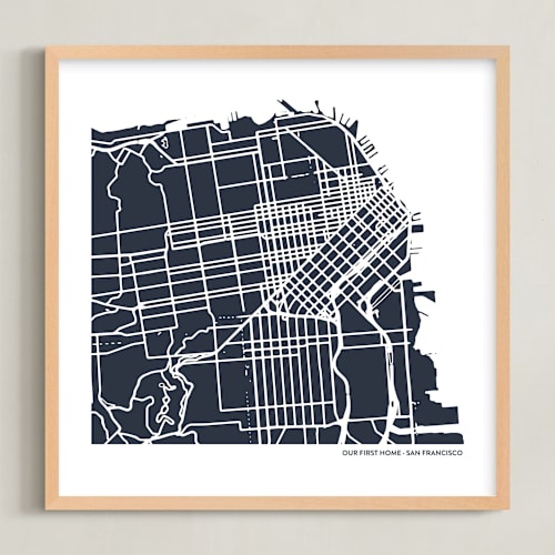 This is a midnight blue custom map printing by Minted called filled map: custom print