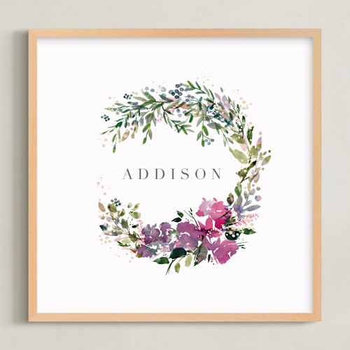 This is a magenta nursery wall art by Lori Wemple called botanical name wreath