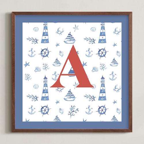 This is a blue nursery wall art with standard by Teju Reval called sea friends 2