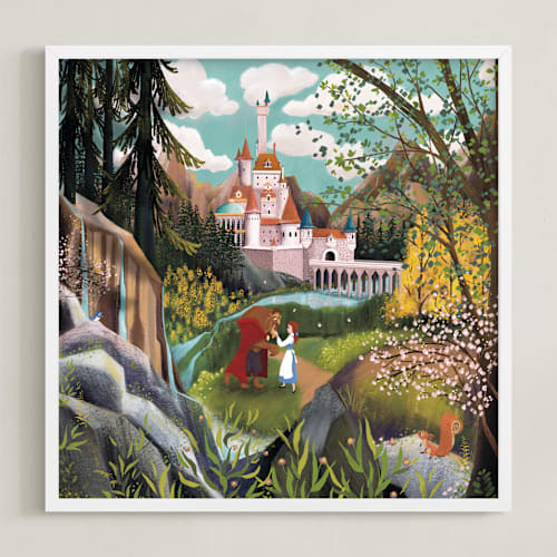 This is a forest disney art by Becky Nimoy called belle and beast stroll the castle grounds