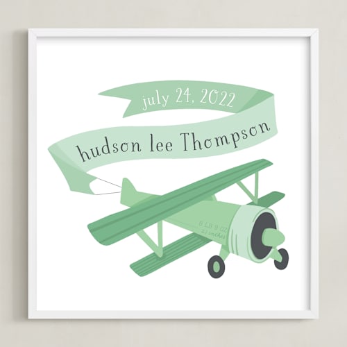 This is a green personalized art for kids by Jessie Steury called vintage airplane
