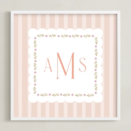 This is a blush personalized art for kids by Ana Sharpe called meadow stripes monogram