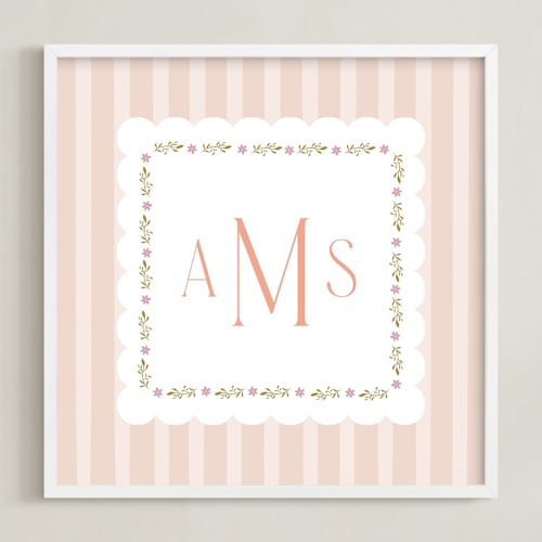 This is a blush personalized art for kids with standard by Ana Sharpe called meadow stripes monogram