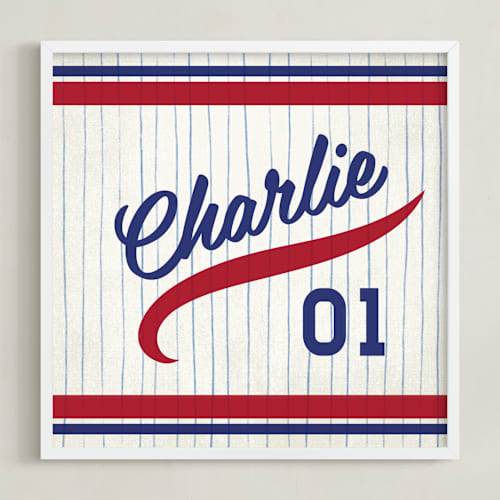 This is a navy/red personalized art for kids with standard by Jessie Steury called vintage jersey - navy/red