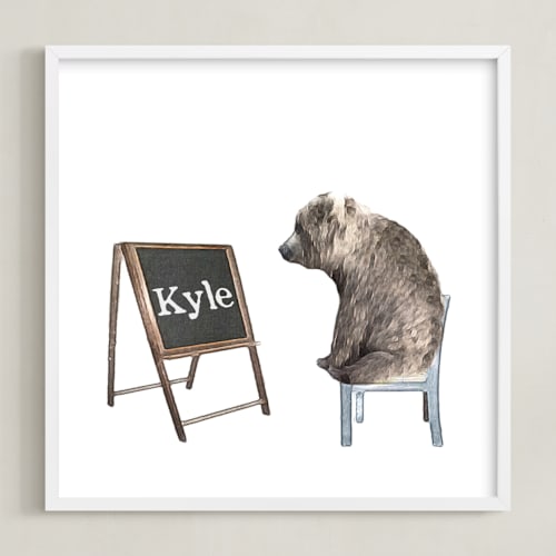 This is a brown bear personalized art for kids by Maja Cunningham called message on a blackboard