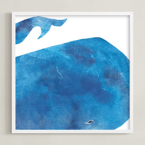 This is a sea blue kids wall art by Mia Posada called big blue whale