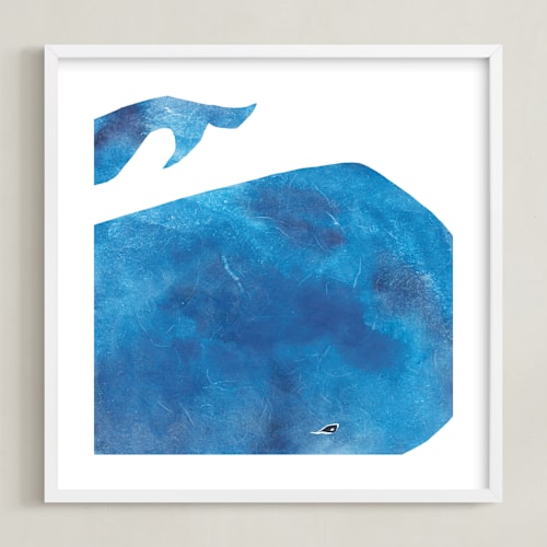 This is a sea blue kids wall art by Mia Posada called big blue whale