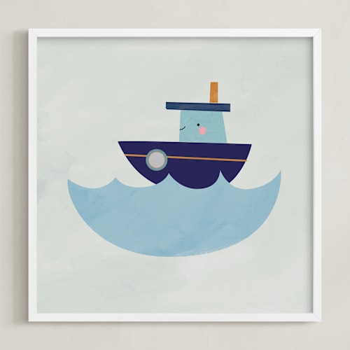 This is a blue kids wall art with standard by Lori Wemple called vehicles boat