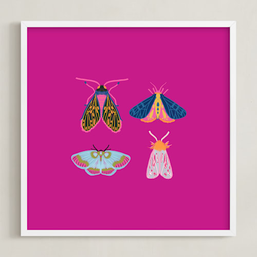 This is a magenta kids wall art by Britt Mills called boho bugs