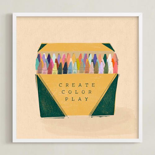 This is a emerald green kids wall art with standard by Erum Khalili Art called vintage crayon box - things we kept