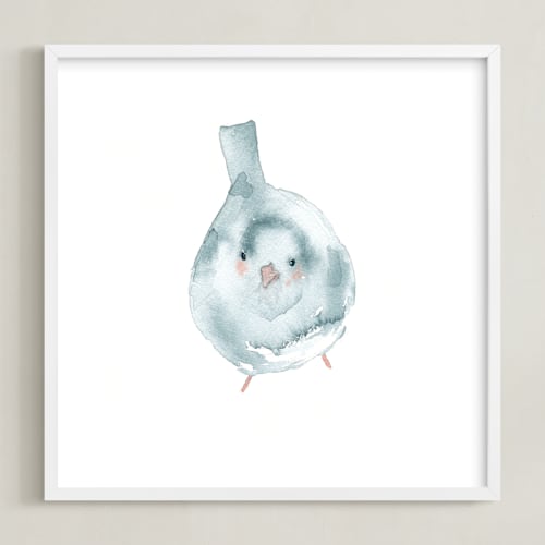This is a light blue kids wall art by Renee Anne Bouffard-McManus called blushing bird 3