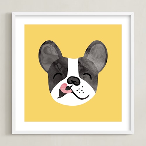 This is a sunny yellow kids wall art with standard by Tayler Mitchell called little pup