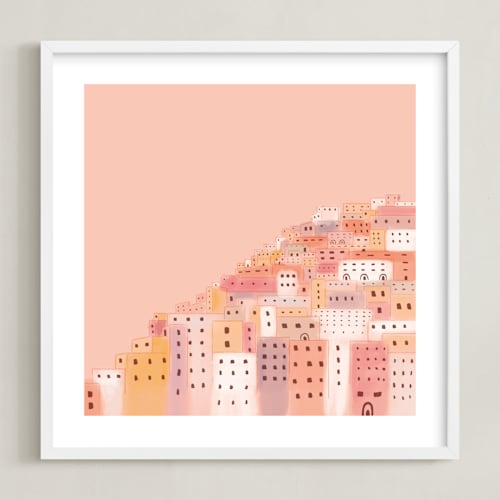 This is a peachy pink kids wall art by Laura Mitchell called positano houses