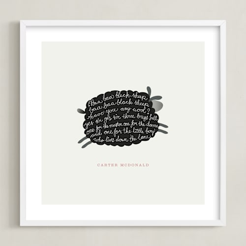 This is a cream nursery wall art by chocomocacino called jumping black sheep