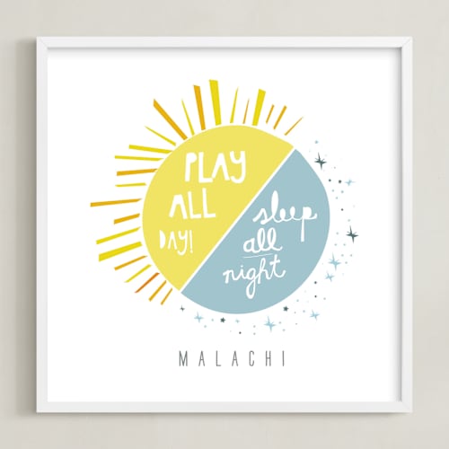 This is a light slate nursery wall art by Lisa Nelson called play all day, sleep all night