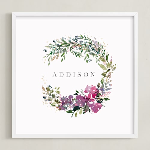 This is a magenta nursery wall art with standard by Lori Wemple called botanical name wreath