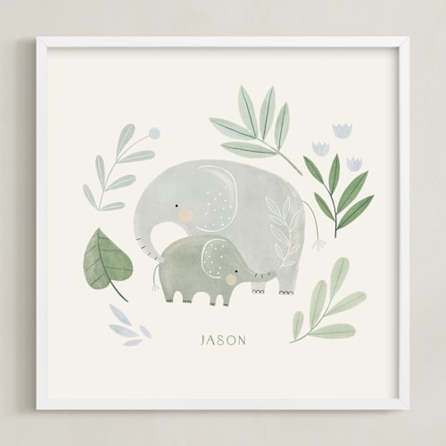 This is a soft ice blue nursery wall art by Tati Abaurre called elephant duo