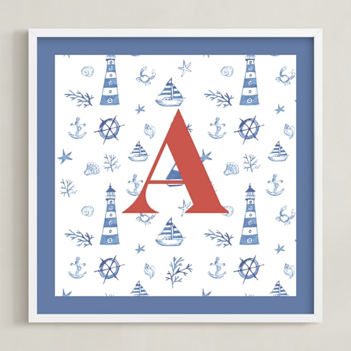 This is a blue nursery wall art with standard by Teju Reval called sea friends 2