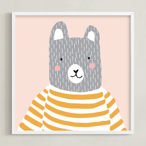 This is a pale pink and mustard nursery wall art with standard by Megan Monismith called stripe top bear