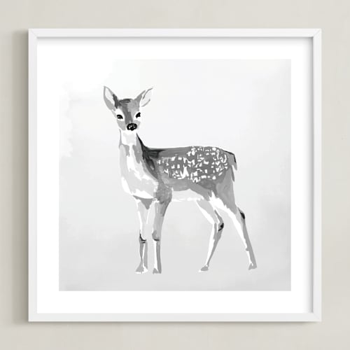 This is a black and white nursery wall art by Teju Reval called enchanted deer 2