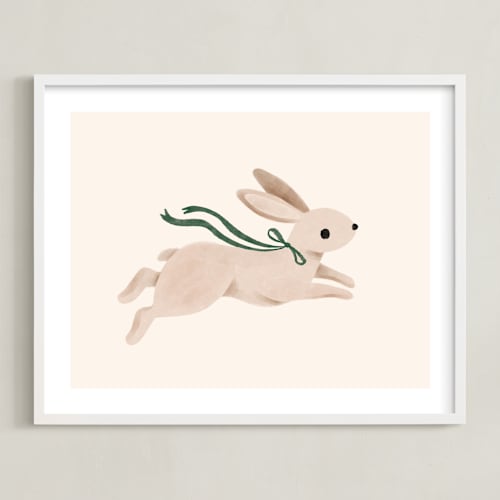 This is a hunter green nursery wall art by Vivian Yiwing called rabbit with bow
