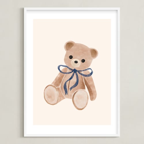 This is a royal blue nursery wall art by Vivian Yiwing called bear with bow