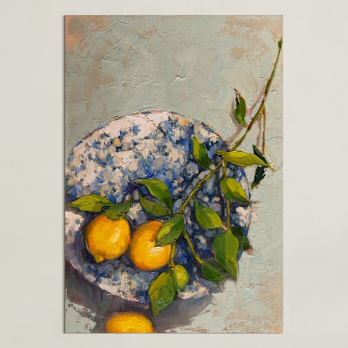 This is a golden art by Wendy Keller called lemons on a plate