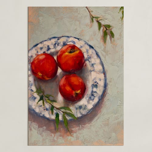 This is a vermillion art by Wendy Keller called peaches on a plate
