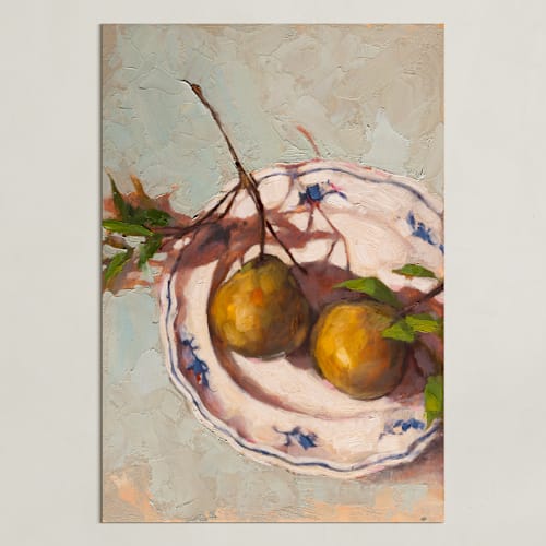 This is a mustard olive art by Wendy Keller called pears on a plate