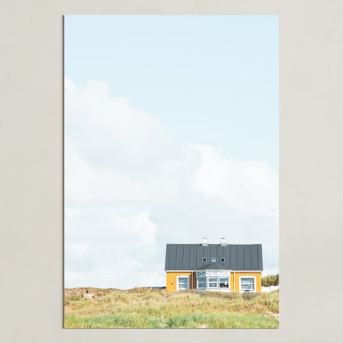 This is a pastel blue art by Alexandra Feo called yellow house at the hill