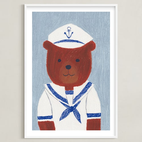 This is a dusty blue nursery wall art by Madhvi Samimi called sailor bear
