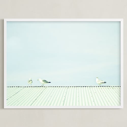 This is a pastel blue art by Alexandra Feo called seagulls on the roof