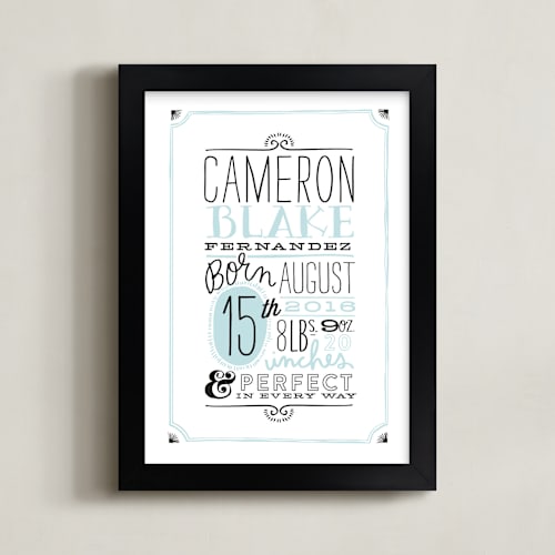 This is a powder blue nursery wall art by Alethea and Ruth called vintage info