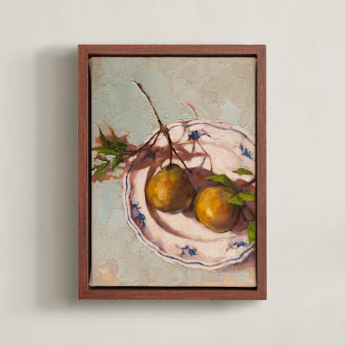 This is a mustard olive art by Wendy Keller called pears on a plate