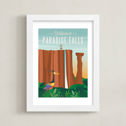 This is a waterfall disney art by Erica Krystek called welcome to paradise falls from disney and pixar's up