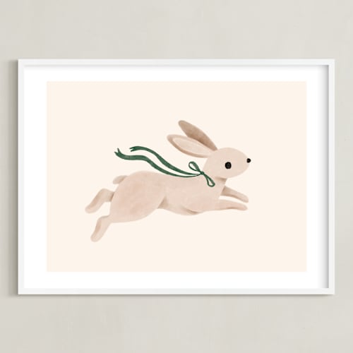 This is a hunter green nursery wall art by Vivian Yiwing called rabbit with bow
