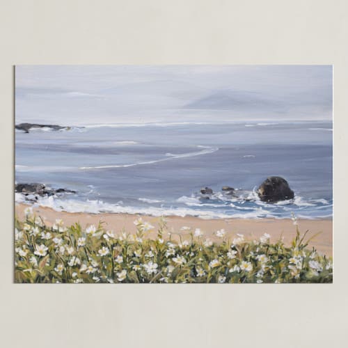 This is a dusty blue art with standard by Arohika Verma called seaside daisies