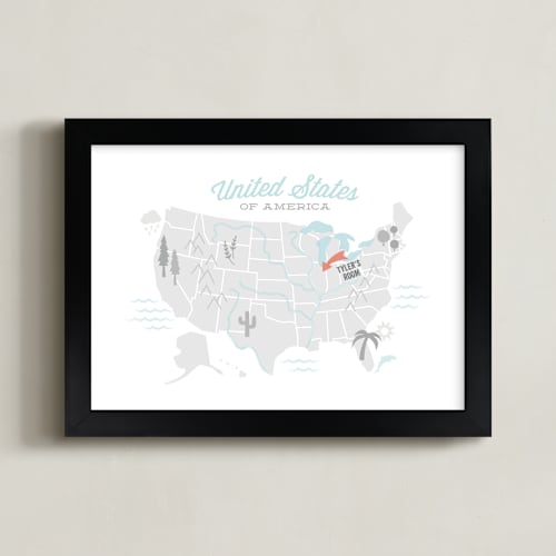 This is a coastal grey personalized art for kids by Jessie Steury called you are here american map