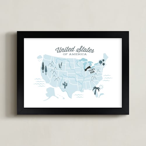This is a oceanic blue personalized art for kids by Jessie Steury called you are here american map