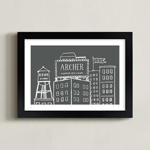 This is a chalkboard grey personalized art for kids by Tanya Lee of Frooted Design called cityscape stats